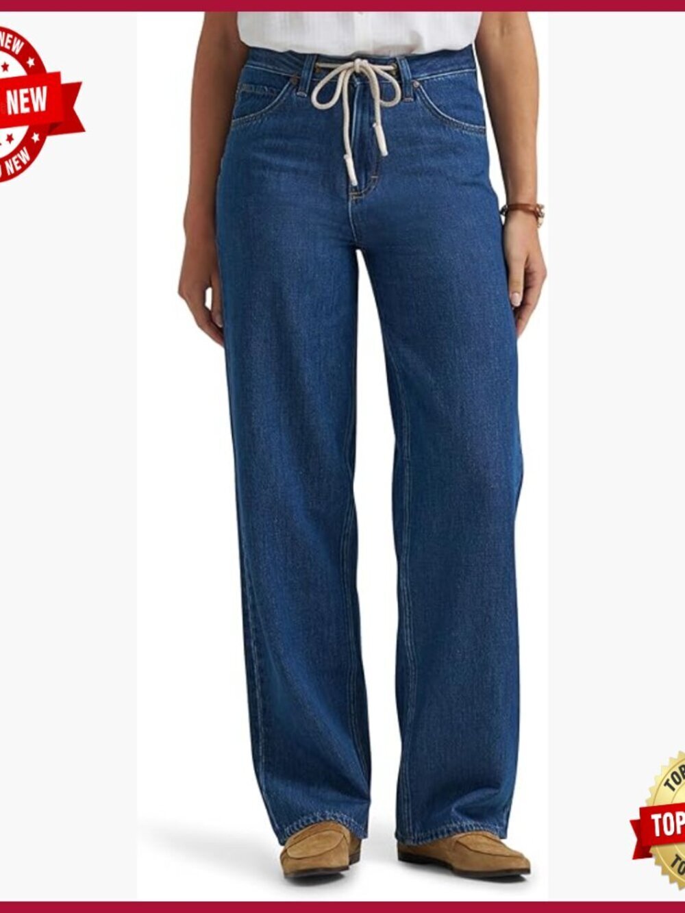 Relaxed Fit Drawstring Trouser Jeans, Wide Leg, Mid Rise, 100% Cotton